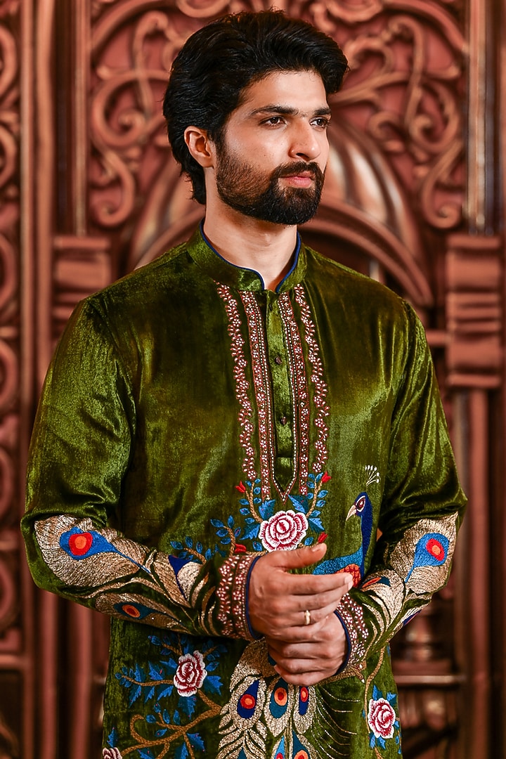 Olive Green Velvet Kurta Set by YAJY By Aditya Jain at Pernia's Pop Up Shop