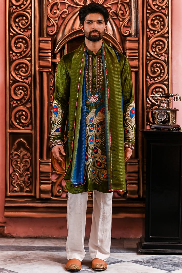 Olive Green Velvet Kurta Set by YAJY By Aditya Jain at Pernia's Pop Up Shop