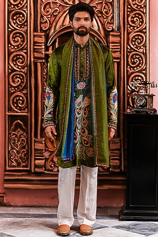 Olive Green Velvet Kurta Set by YAJY By Aditya Jain