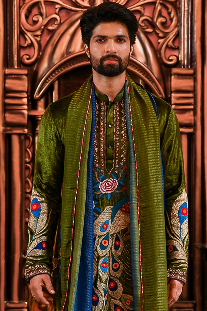 Olive Green Velvet Kurta Set by YAJY By Aditya Jain at Pernia's Pop Up Shop