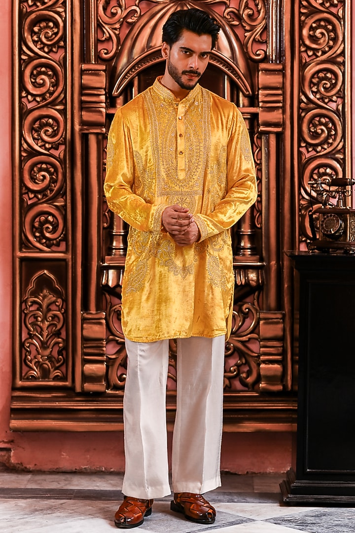 Sunflower Yellow Velvet Kurta Set by YAJY By Aditya Jain at Pernia's Pop Up Shop