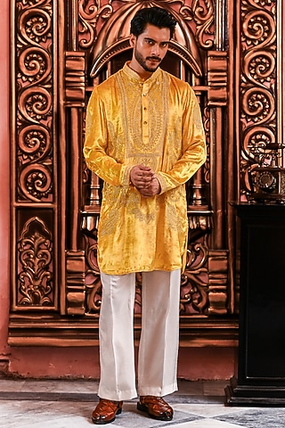 Sunflower Yellow Velvet Kurta Set by YAJY By Aditya Jain
