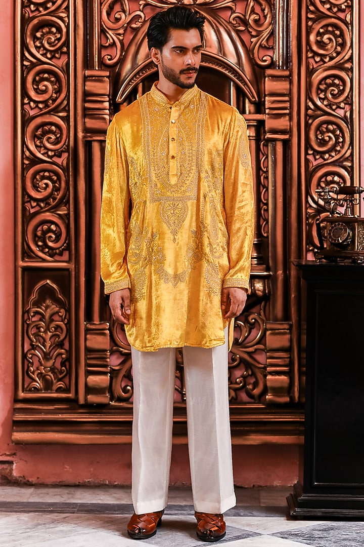 Sunflower Yellow Velvet Kurta Set by YAJY By Aditya Jain at Pernia's Pop Up Shop