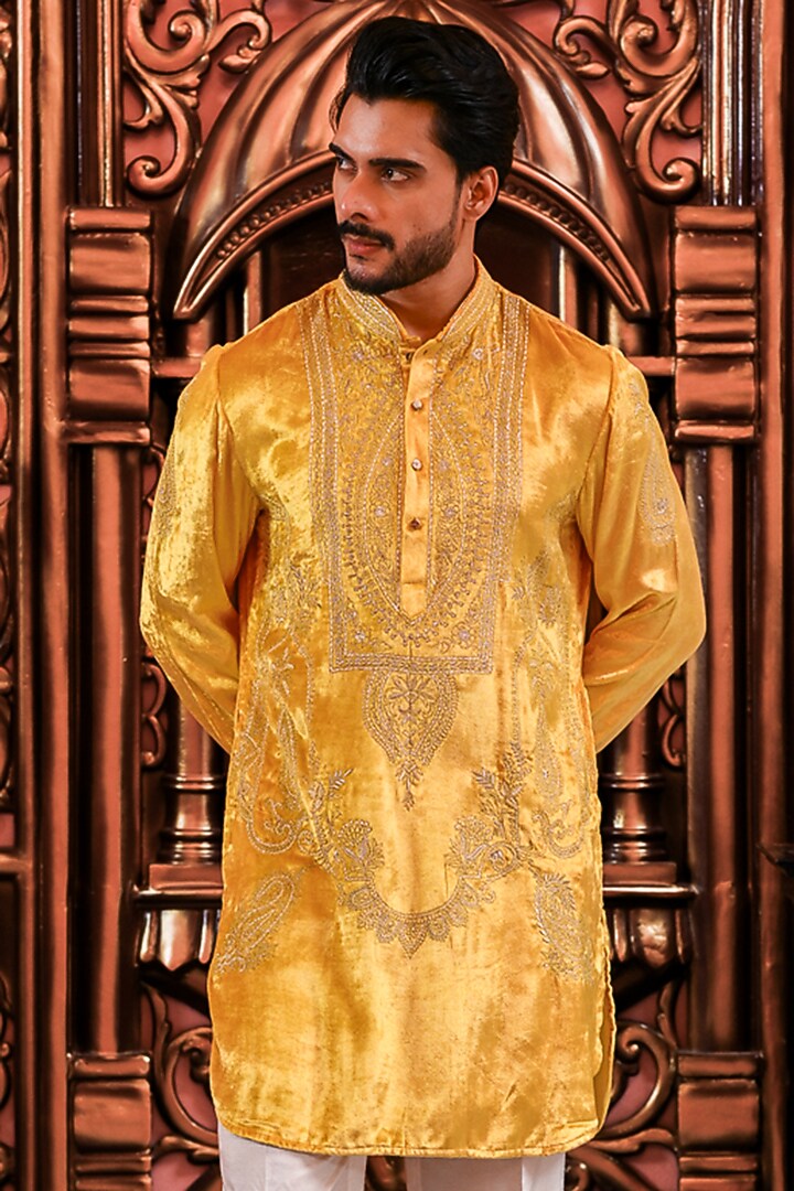Sunflower Yellow Velvet Kurta Set by YAJY By Aditya Jain at Pernia's Pop Up Shop
