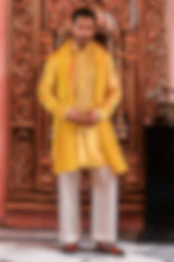 Yellow Velvet Embroidered Kurta Set by YAJY By Aditya Jain at Pernia's Pop Up Shop