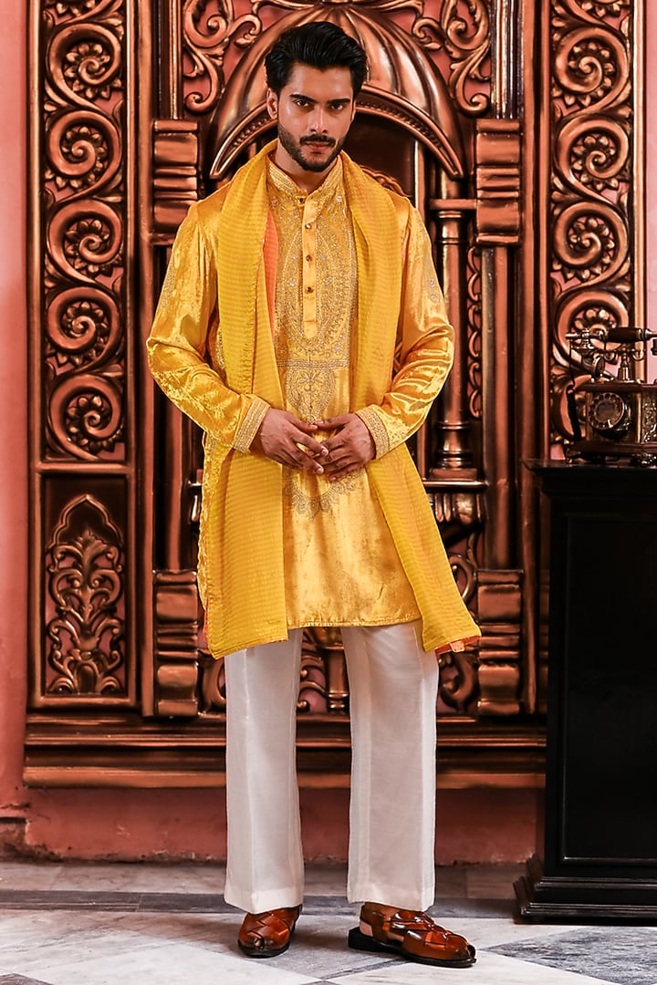 Yellow Velvet Embroidered Kurta Set by YAJY By Aditya Jain at Pernia's Pop Up Shop