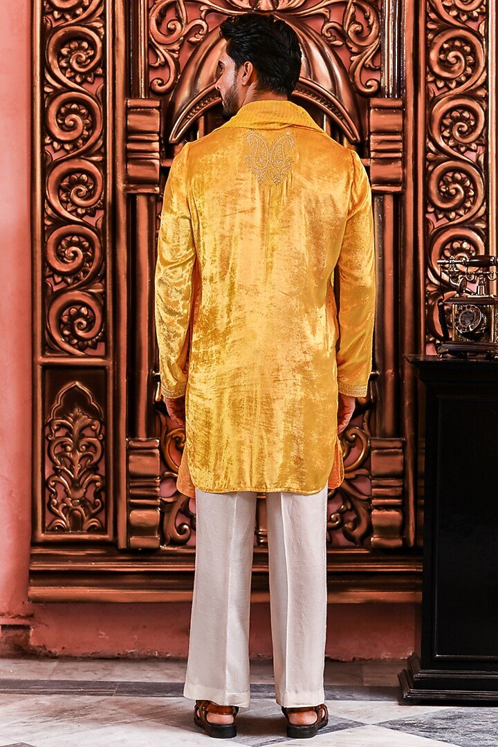 Yellow Velvet Embroidered Kurta Set by YAJY By Aditya Jain at Pernia's Pop Up Shop