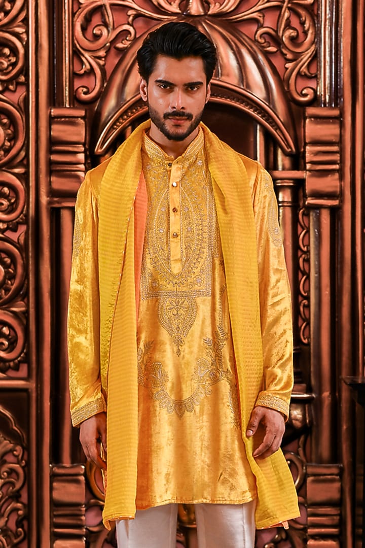 Yellow Velvet Embroidered Kurta Set by YAJY By Aditya Jain at Pernia's Pop Up Shop