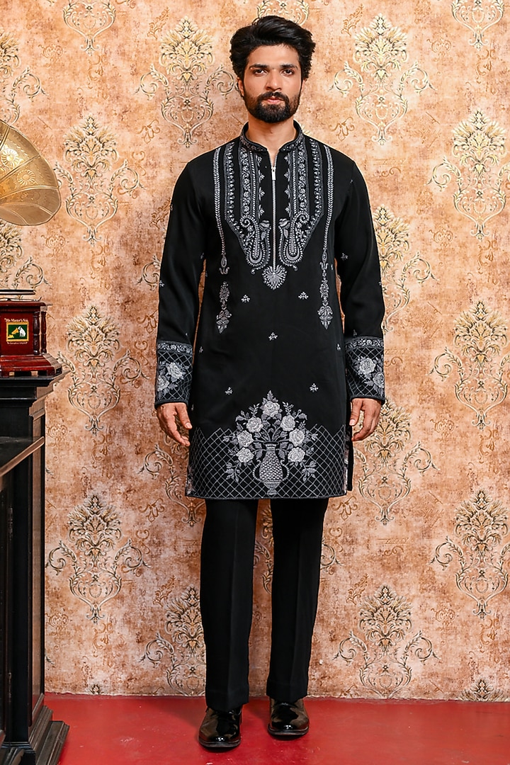 Black Italian Suiting Embroidered Kurta Set by YAJY By Aditya Jain at Pernia's Pop Up Shop