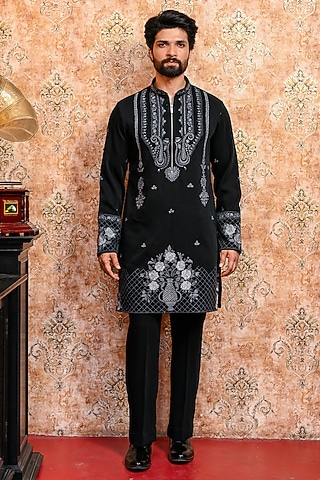 Black Italian Suiting Embroidered Kurta Set by YAJY By Aditya Jain