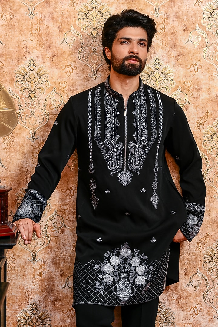 Black Italian Suiting Embroidered Kurta Set by YAJY By Aditya Jain at Pernia's Pop Up Shop
