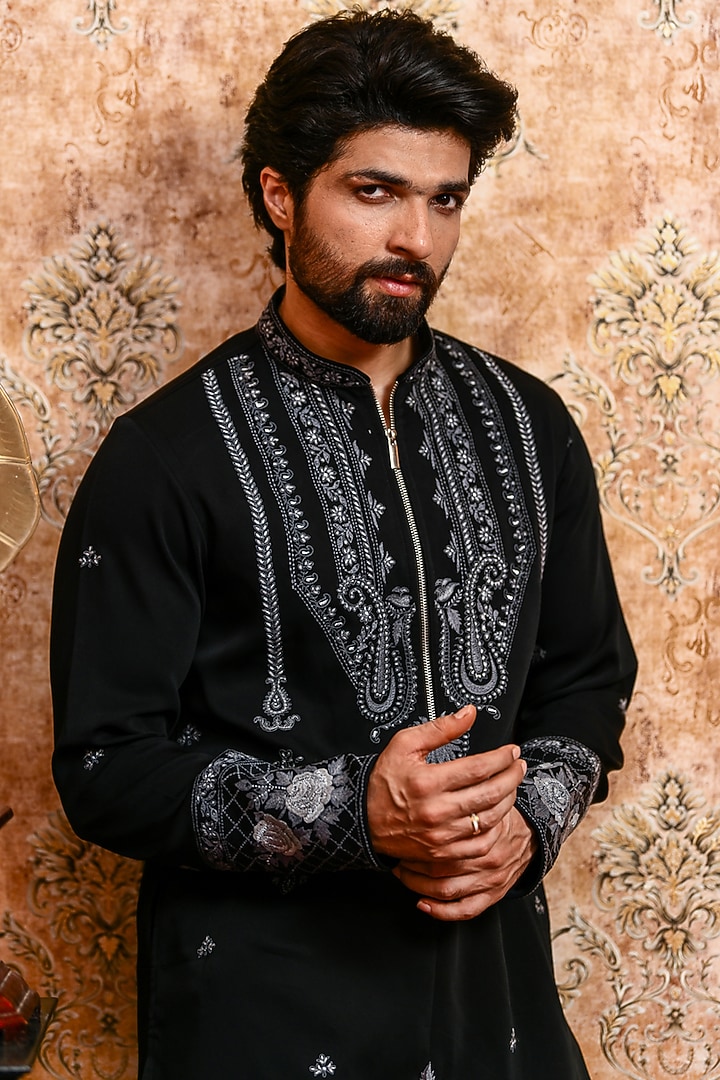Black Italian Suiting Embroidered Kurta Set by YAJY By Aditya Jain at Pernia's Pop Up Shop