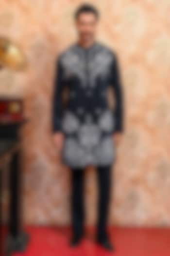 Navy Blue Italian Suiting Embroidered Kurta Set by YAJY By Aditya Jain at Pernia's Pop Up Shop