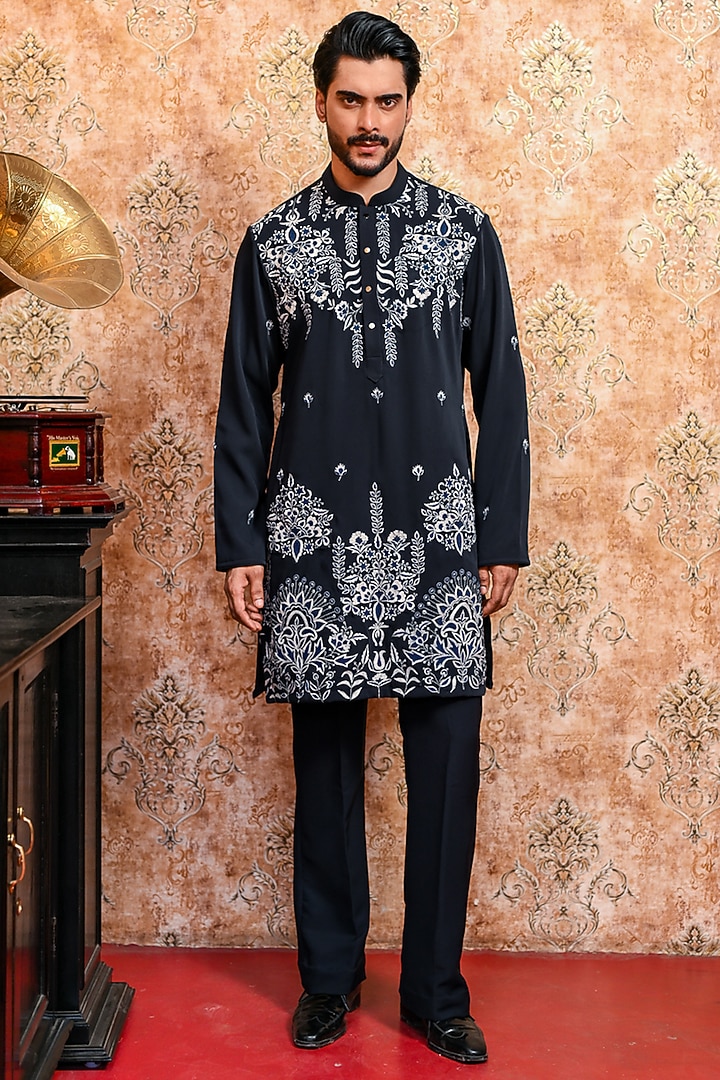 Navy Blue Italian Suiting Embroidered Kurta Set by YAJY By Aditya Jain at Pernia's Pop Up Shop
