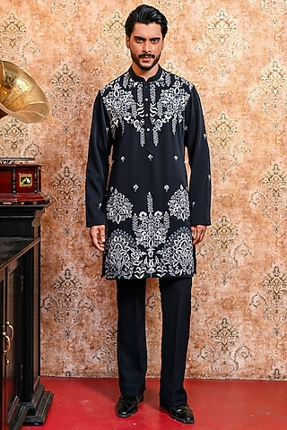 Navy Blue Italian Suiting Embroidered Kurta Set by YAJY By Aditya Jain