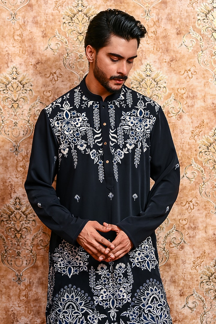 Navy Blue Italian Suiting Embroidered Kurta Set by YAJY By Aditya Jain at Pernia's Pop Up Shop