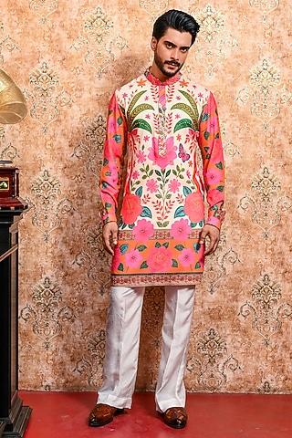 Ivory Muslin Printed Kurta Set by YAJY By Aditya Jain