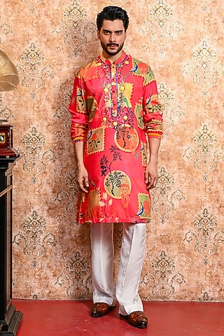 Rani Pink Muslin Printed Kurta Set by YAJY By Aditya Jain