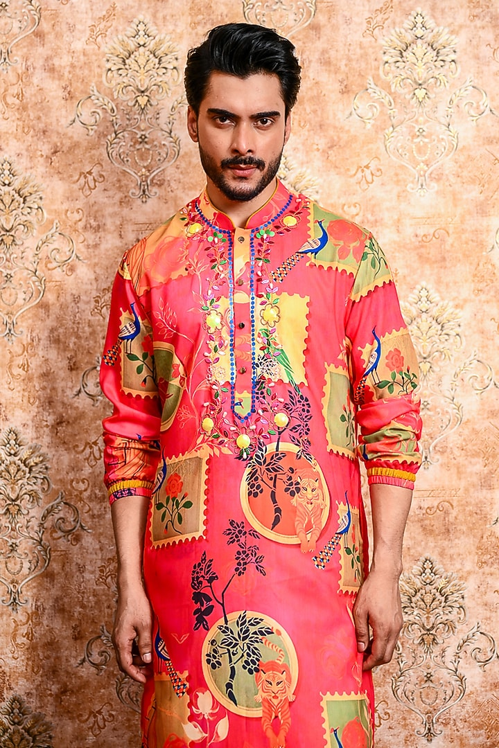 Rani Pink Muslin Printed Kurta Set by YAJY By Aditya Jain at Pernia's Pop Up Shop