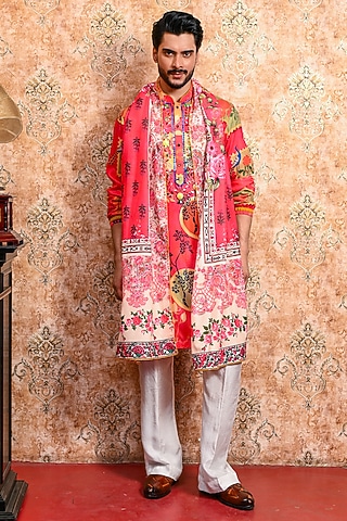Rani Pink Muslin Printed Kurta Set by YAJY By Aditya Jain
