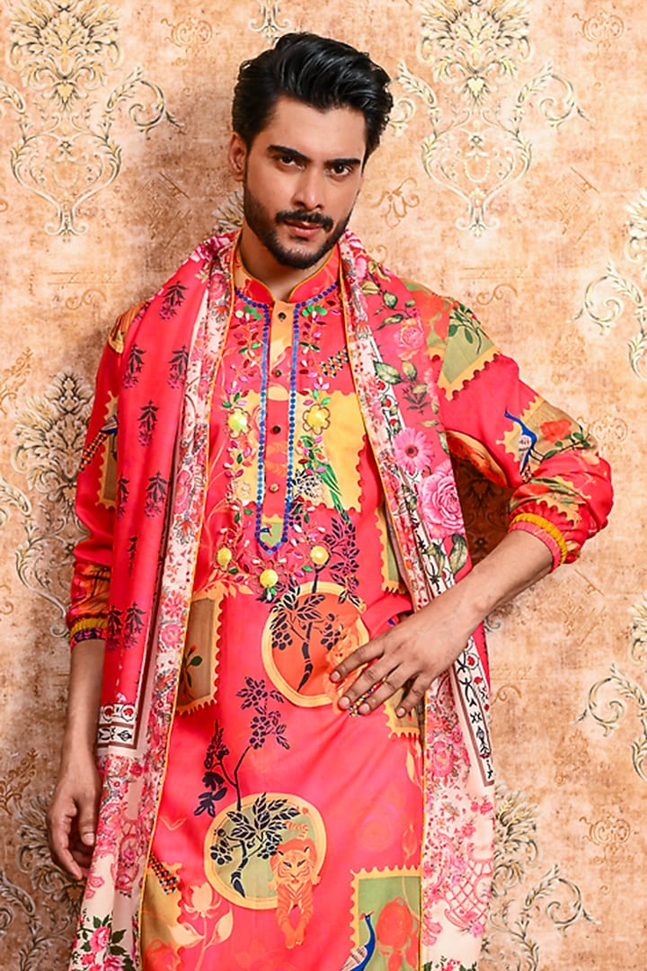 Rani Pink Muslin Printed Kurta Set by YAJY By Aditya Jain at Pernia's Pop Up Shop