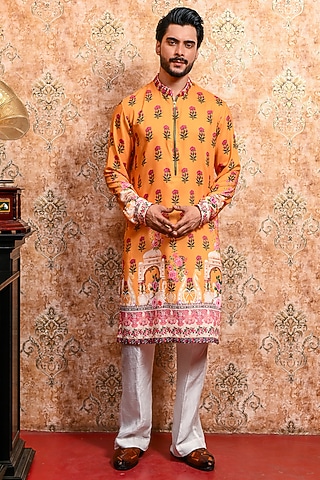 Yellow Muslin Printed Kurta Set by YAJY By Aditya Jain