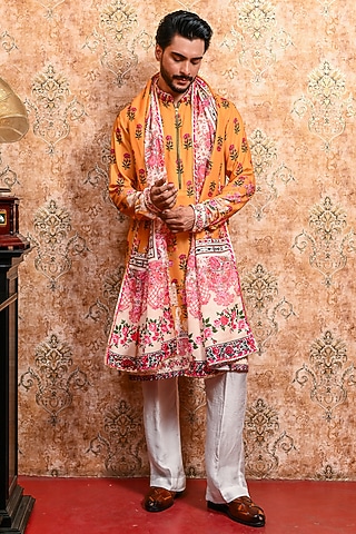 Yellow Muslin Printed Kurta Set by YAJY By Aditya Jain