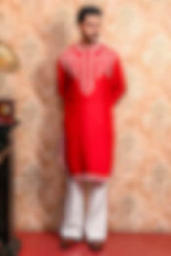 Red Silk Embroidered Kurta Set by YAJY By Aditya Jain at Pernia's Pop Up Shop