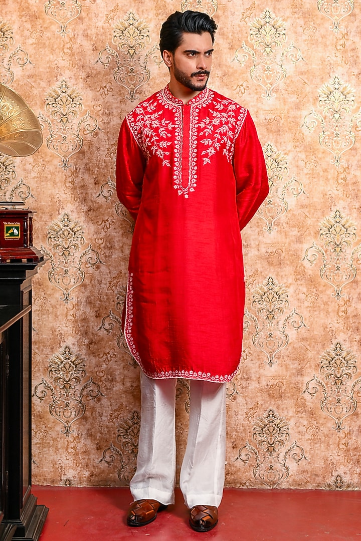 Red Silk Embroidered Kurta Set by YAJY By Aditya Jain at Pernia's Pop Up Shop
