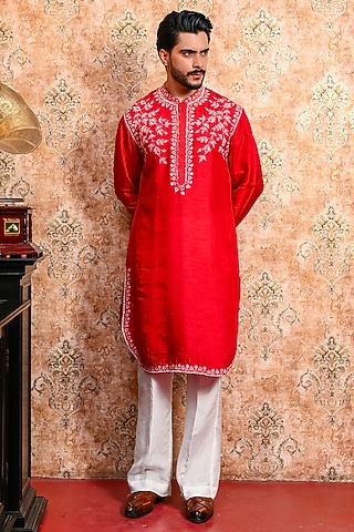 Red Silk Embroidered Kurta Set by YAJY By Aditya Jain