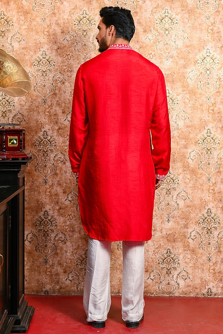 Red Silk Embroidered Kurta Set by YAJY By Aditya Jain at Pernia's Pop Up Shop