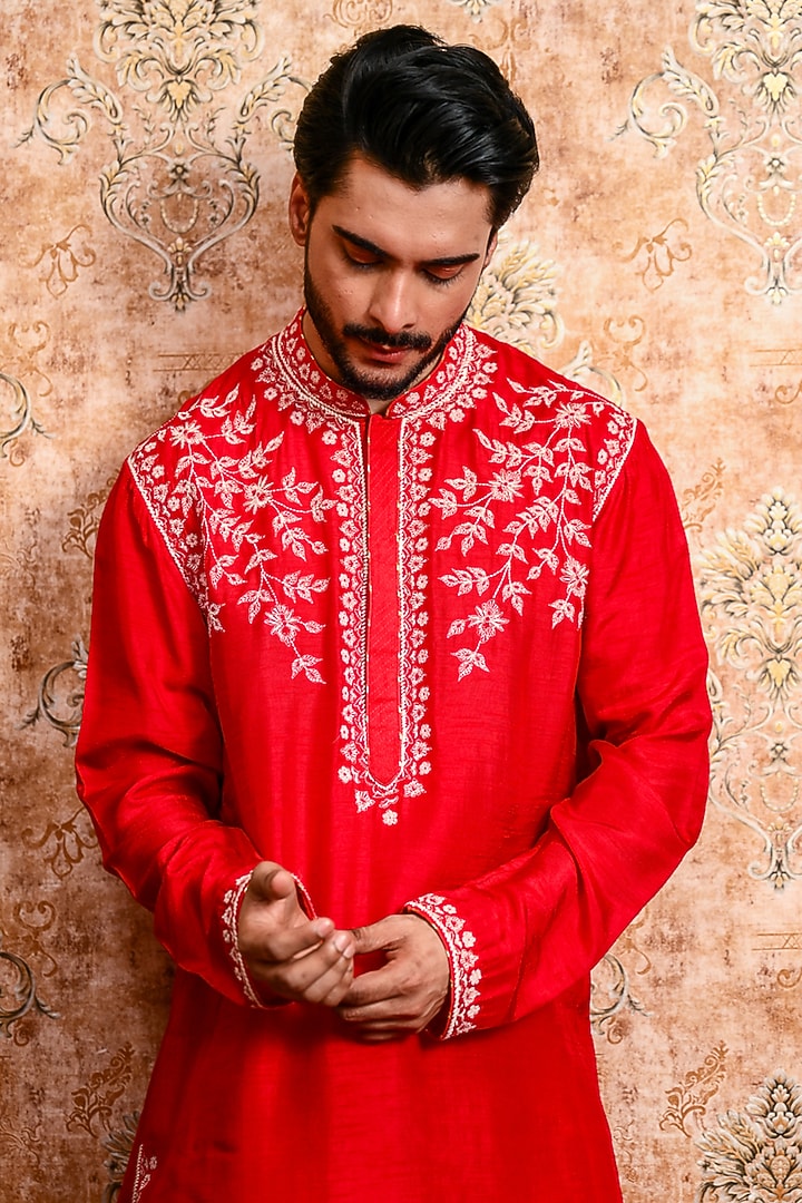 Red Silk Embroidered Kurta Set by YAJY By Aditya Jain at Pernia's Pop Up Shop