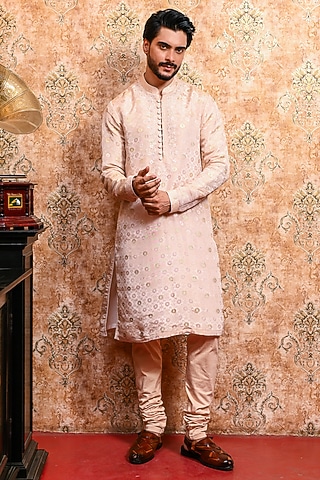 Powder Pink Tissue Silk Printed Kurta Set by YAJY By Aditya Jain