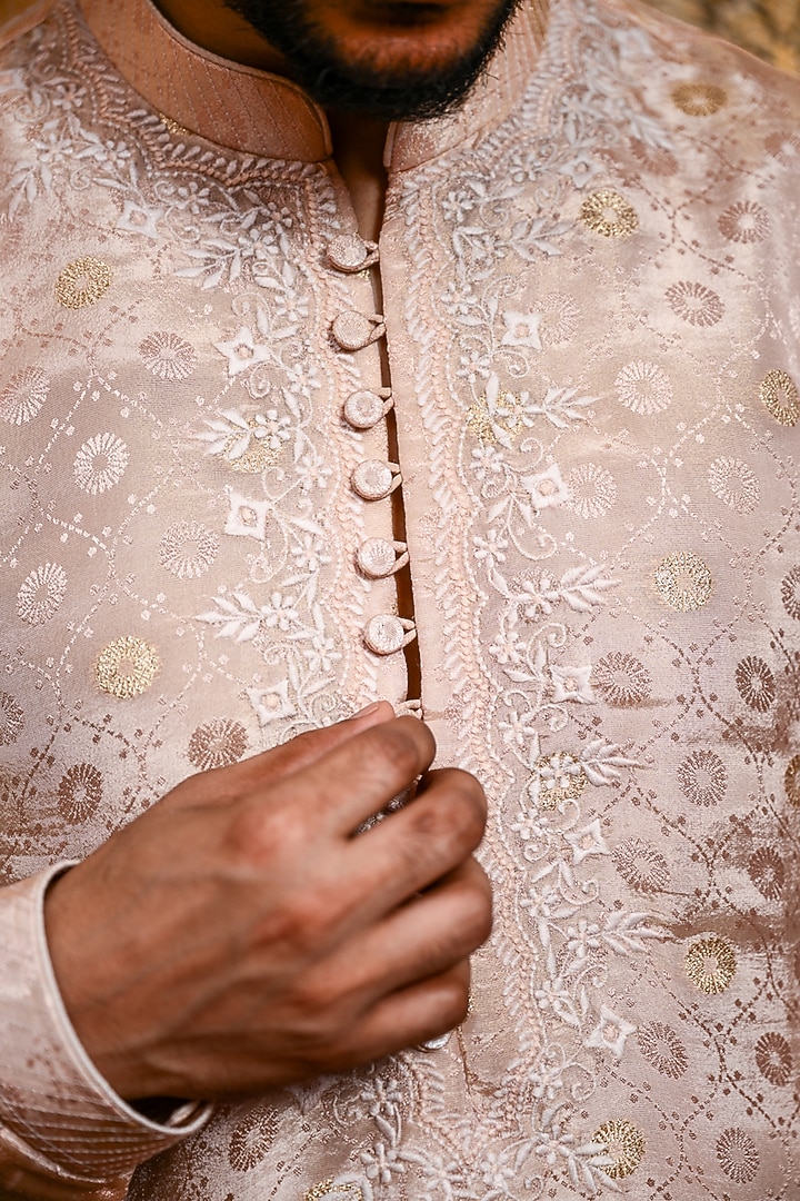 Powder Pink Tissue Silk Printed Kurta Set by YAJY By Aditya Jain at Pernia's Pop Up Shop