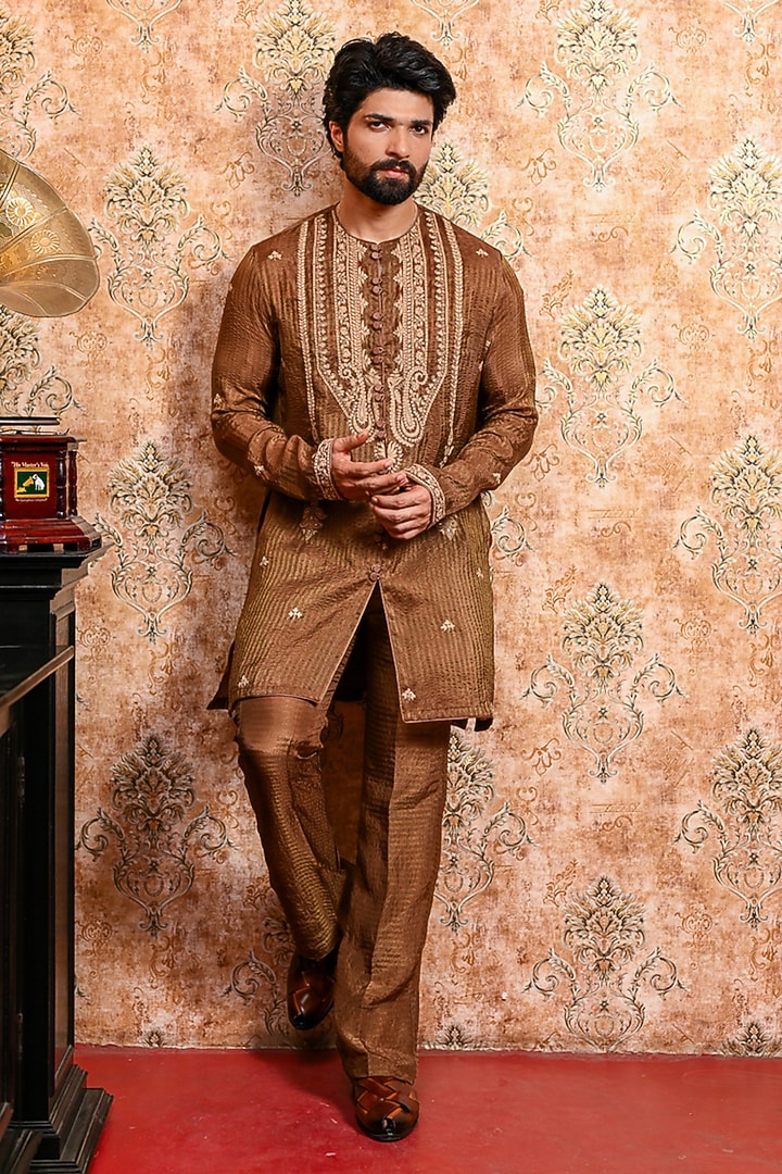 Brown Tissue Silk Printed Kurta Set by YAJY By Aditya Jain at Pernia's Pop Up Shop