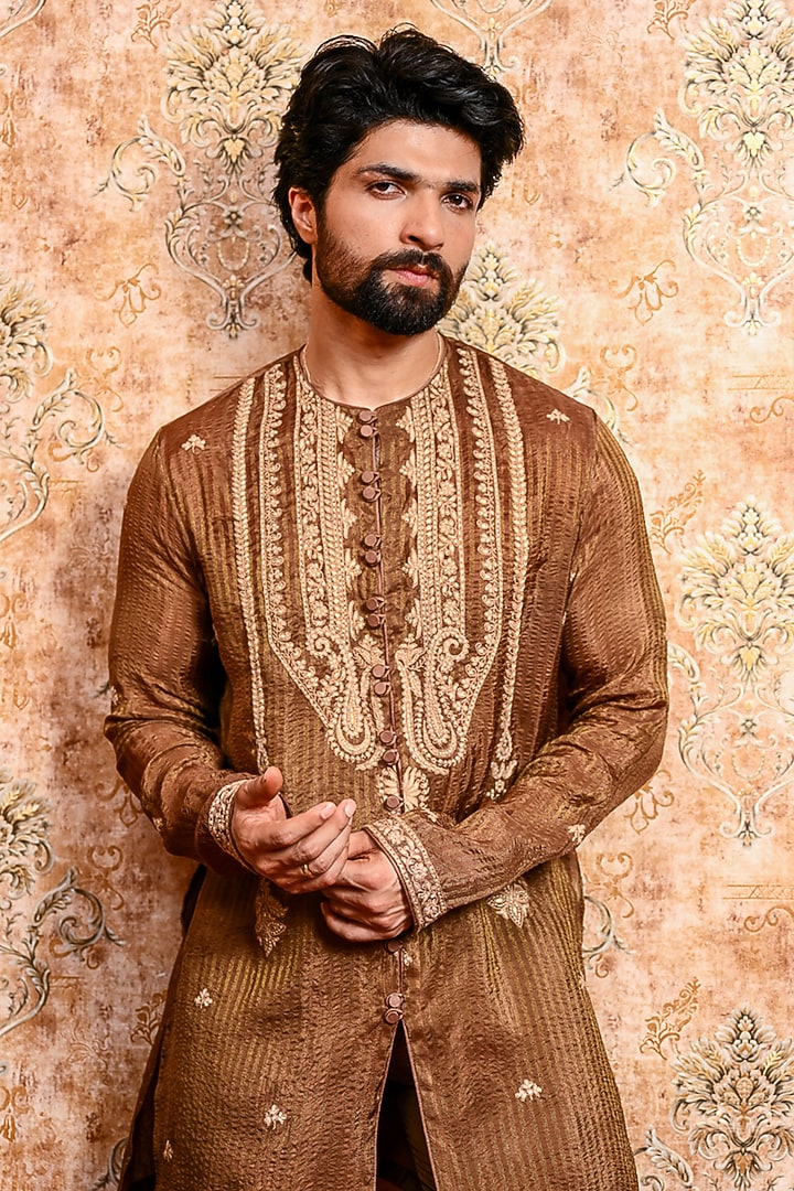 Brown Tissue Silk Printed Kurta Set by YAJY By Aditya Jain at Pernia's Pop Up Shop