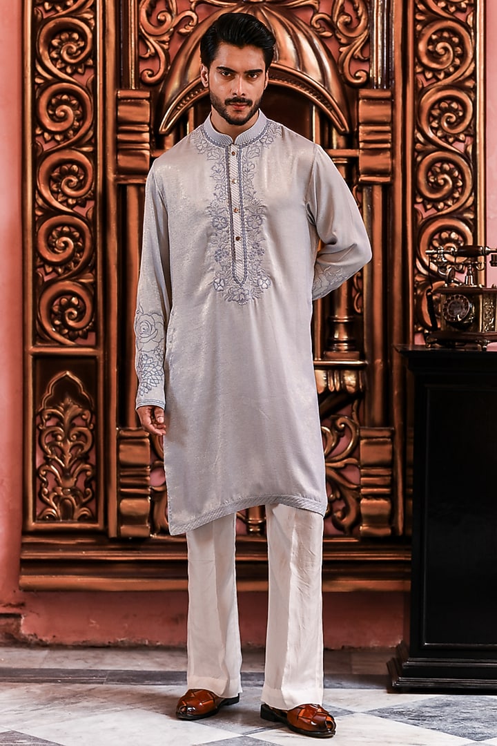 Powder Blue Silk Embroidered Kurta Set by YAJY By Aditya Jain at Pernia's Pop Up Shop