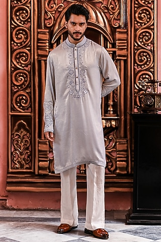 Powder Blue Silk Embroidered Kurta Set by YAJY By Aditya Jain