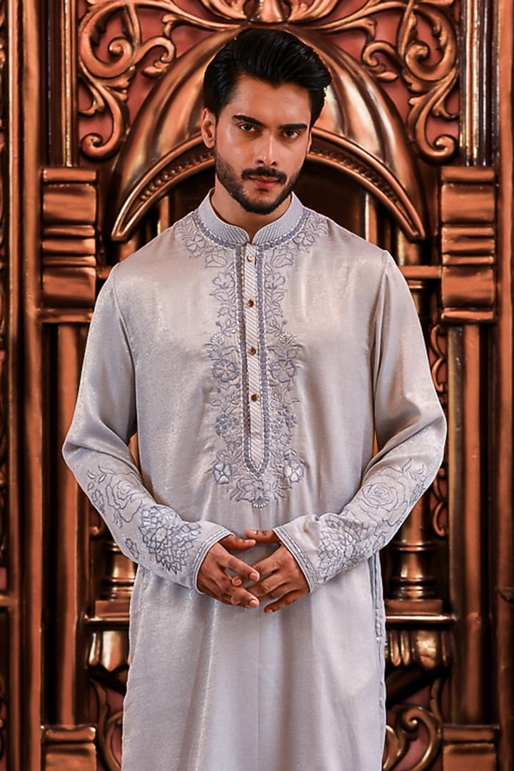 Powder Blue Silk Embroidered Kurta Set by YAJY By Aditya Jain at Pernia's Pop Up Shop