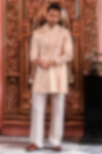 Peach Silk Embroidered Kurta Set by YAJY By Aditya Jain at Pernia's Pop Up Shop