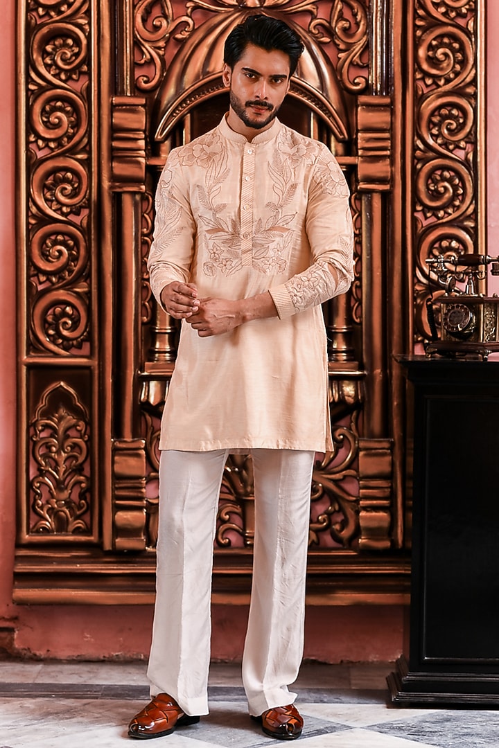 Peach Silk Embroidered Kurta Set by YAJY By Aditya Jain at Pernia's Pop Up Shop