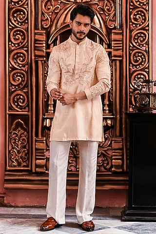 Peach Silk Embroidered Kurta Set by YAJY By Aditya Jain