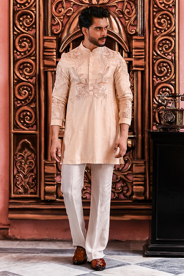 Peach Silk Embroidered Kurta Set by YAJY By Aditya Jain at Pernia's Pop Up Shop