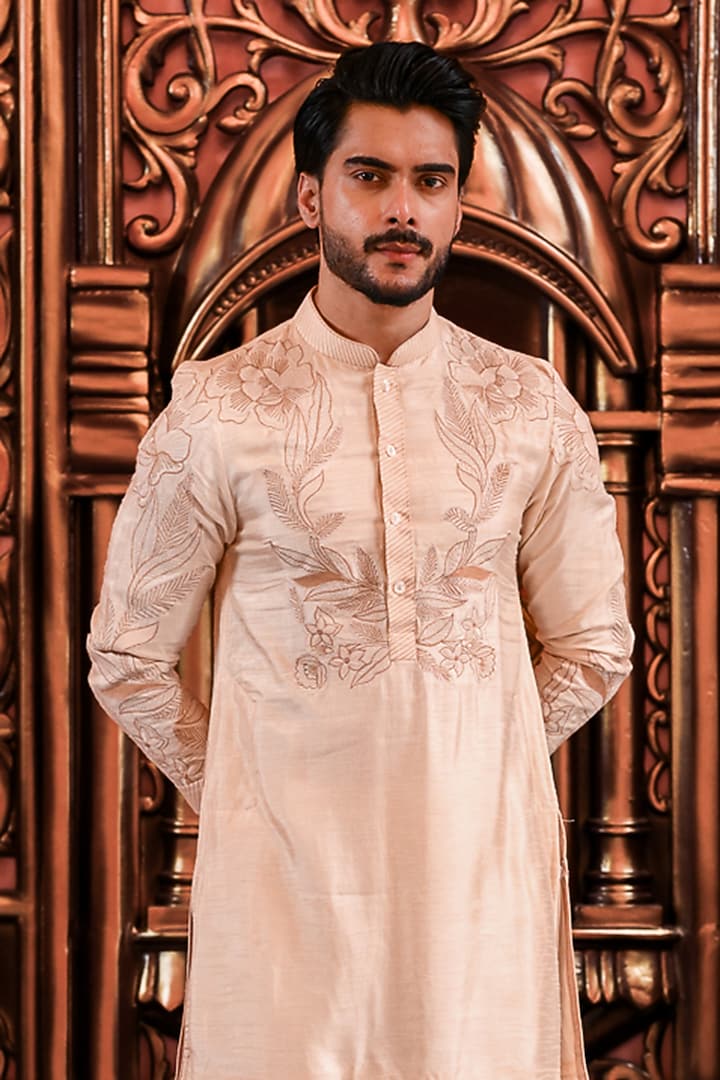 Peach Silk Embroidered Kurta Set by YAJY By Aditya Jain at Pernia's Pop Up Shop