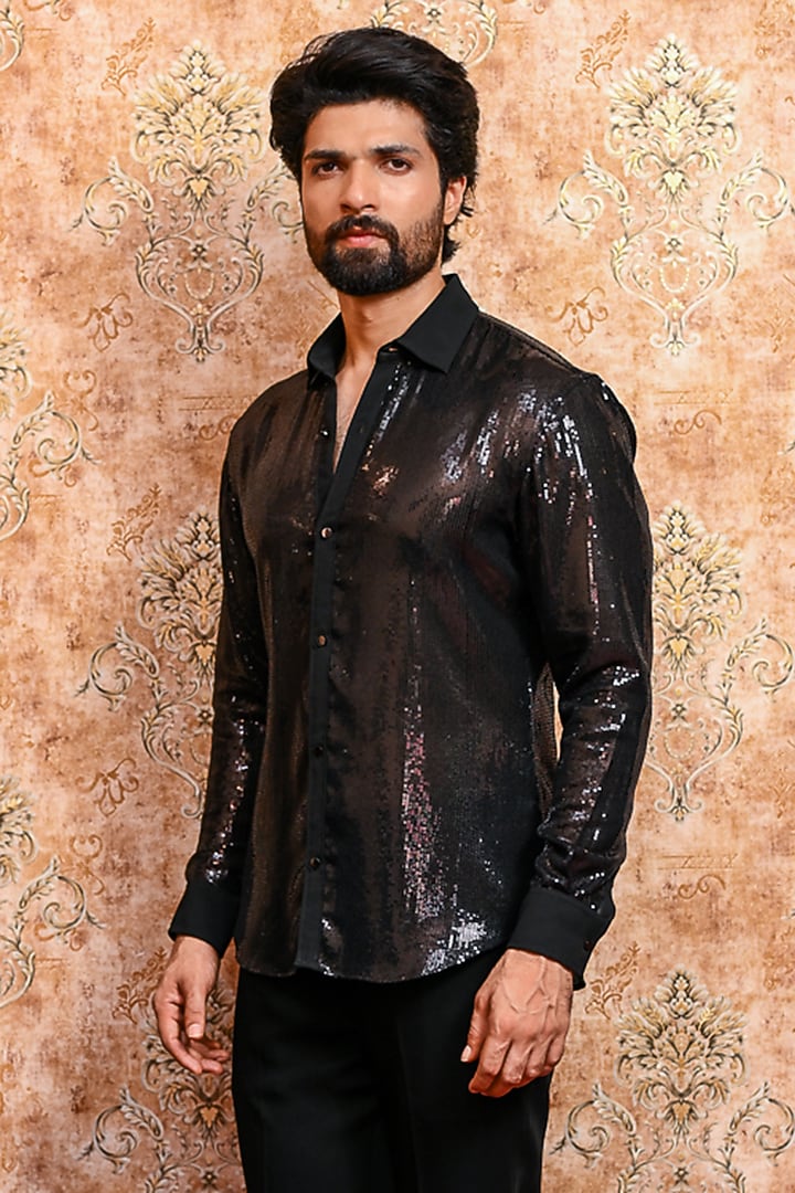 Midnight Black Sequin Georgette Embellished Shirt by YAJY By Aditya Jain at Pernia's Pop Up Shop
