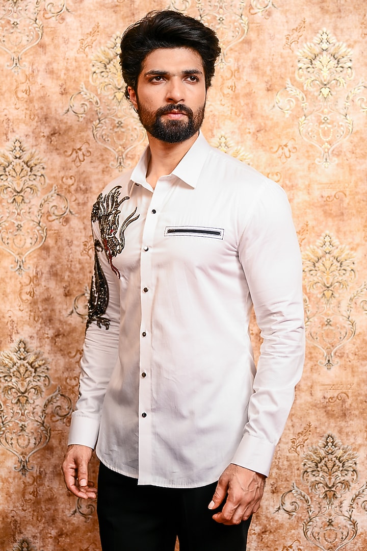 White Cotton Dragon Embroidered Wedding Shirt by YAJY By Aditya Jain at Pernia's Pop Up Shop