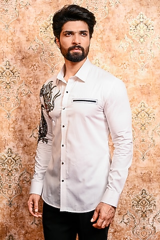 White Cotton Dragon Embroidered Shirt by YAJY By Aditya Jain
