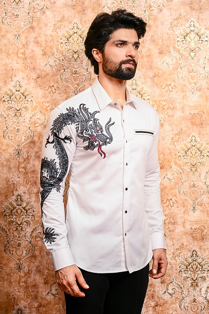 White Cotton Dragon Embroidered Wedding Shirt by YAJY By Aditya Jain at Pernia's Pop Up Shop