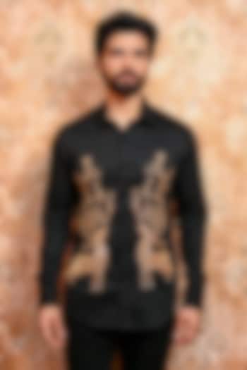Black Cotton Deer Embroidered Wedding Shirt by YAJY By Aditya Jain at Pernia's Pop Up Shop