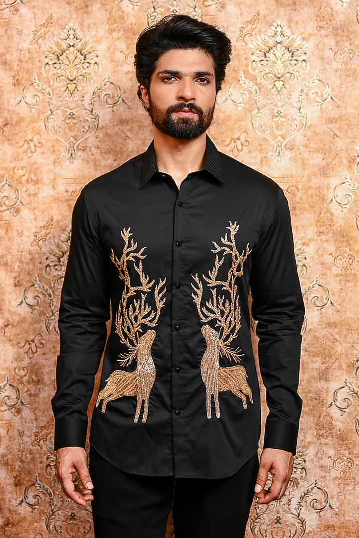 Black Cotton Deer Embroidered Wedding Shirt by YAJY By Aditya Jain at Pernia's Pop Up Shop